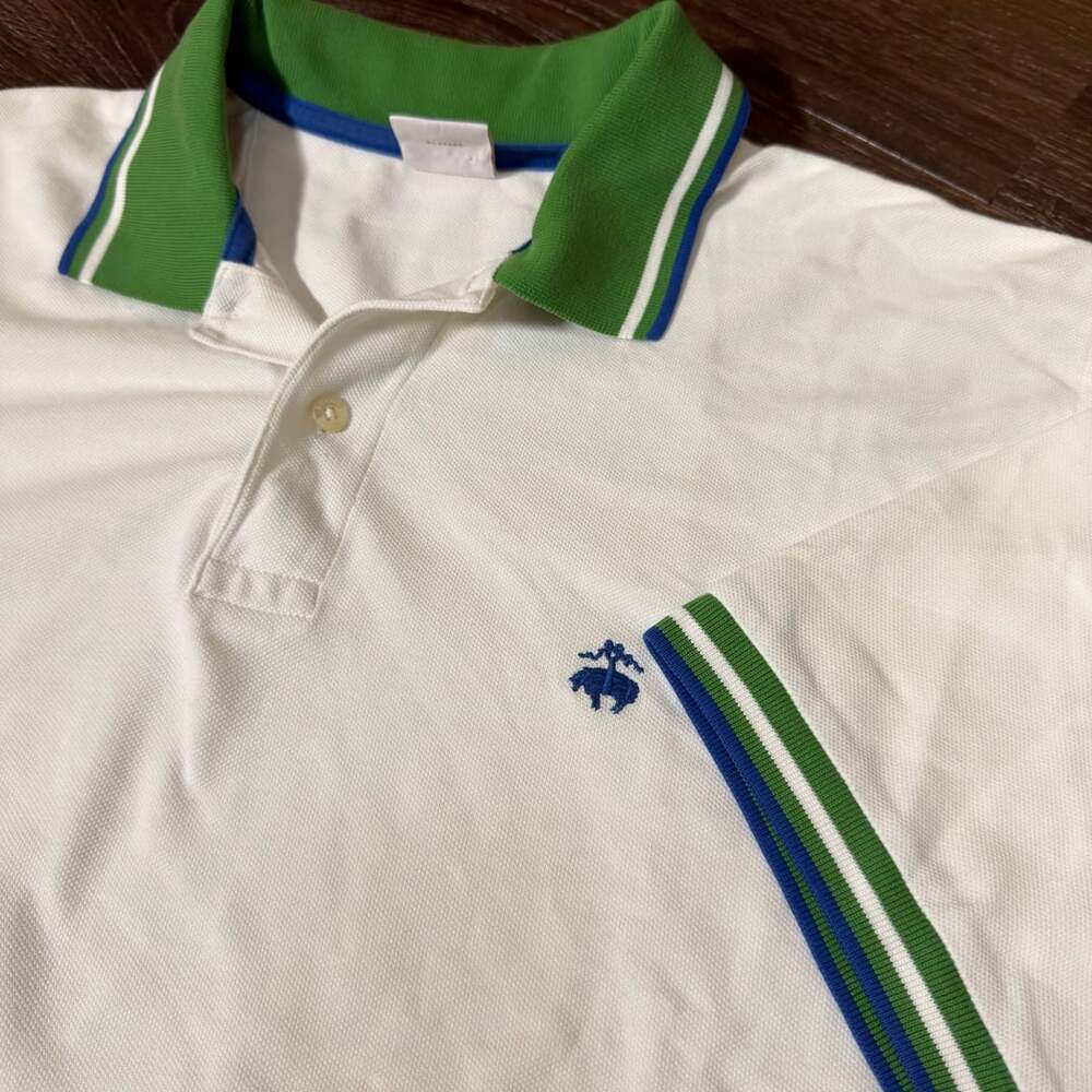 Essential Brooks Brothers Polo White Green Blue Striped Collar Size L